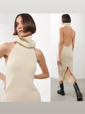Piece of White ||‎ Estelle Halter Midi Dress Sweater Wool Cashmere Ivory M NWT